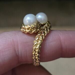 Vintage SZ 6.5 14k Yellow Gold 8.82g and Double Pearl Organic/Textured Ring
